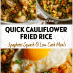 Bowl of cauliflower fried rice with chicken and egg showing fresh riced cauliflower and colorful flavored rice.